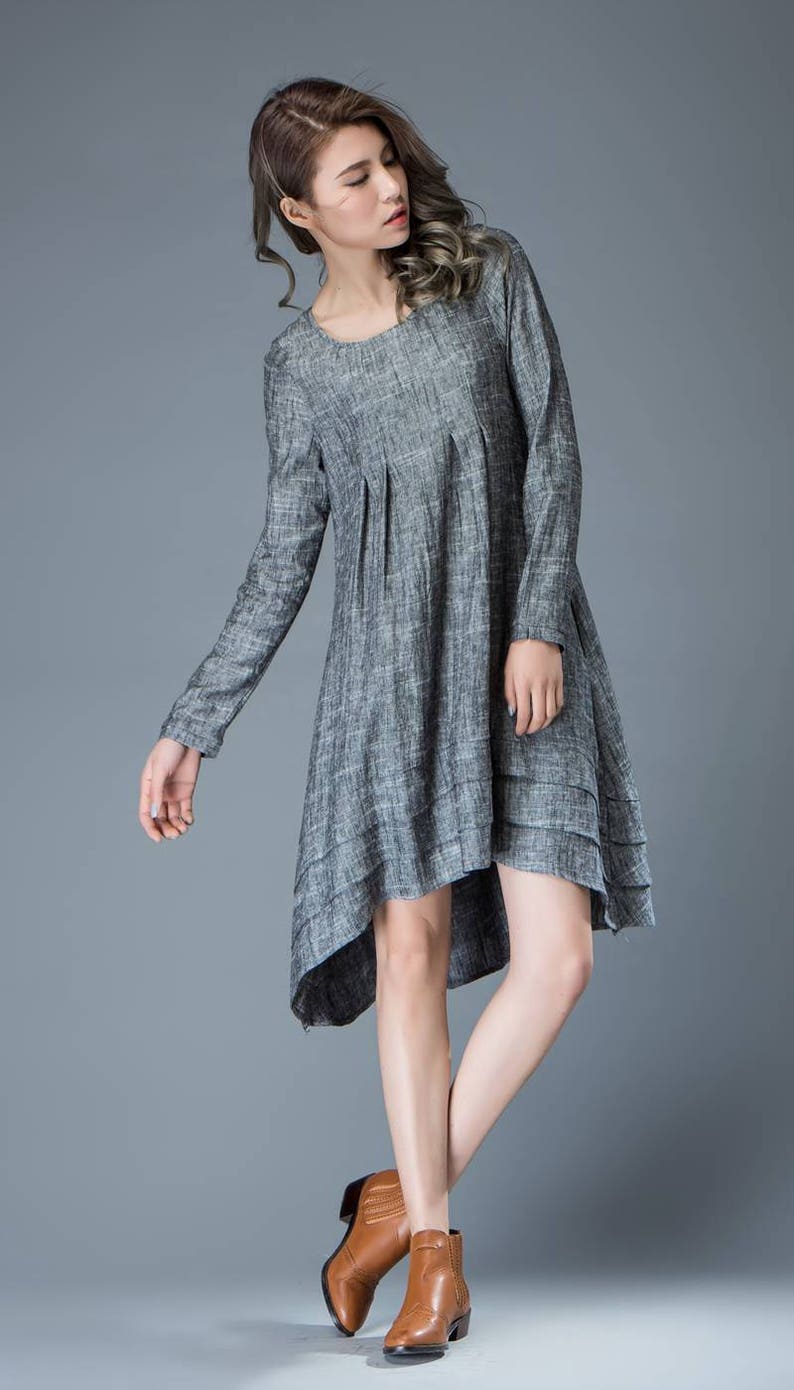 Marl Gray Lagenlook Dress Linen Loose-Fitting Long-Sleeved Round Neck Asymmetrical Dress with Tiered Pleated Hemline C810 image 9