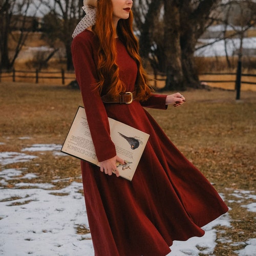 Burgundy midi swing wool Dress women C3810 Burgundy / XS