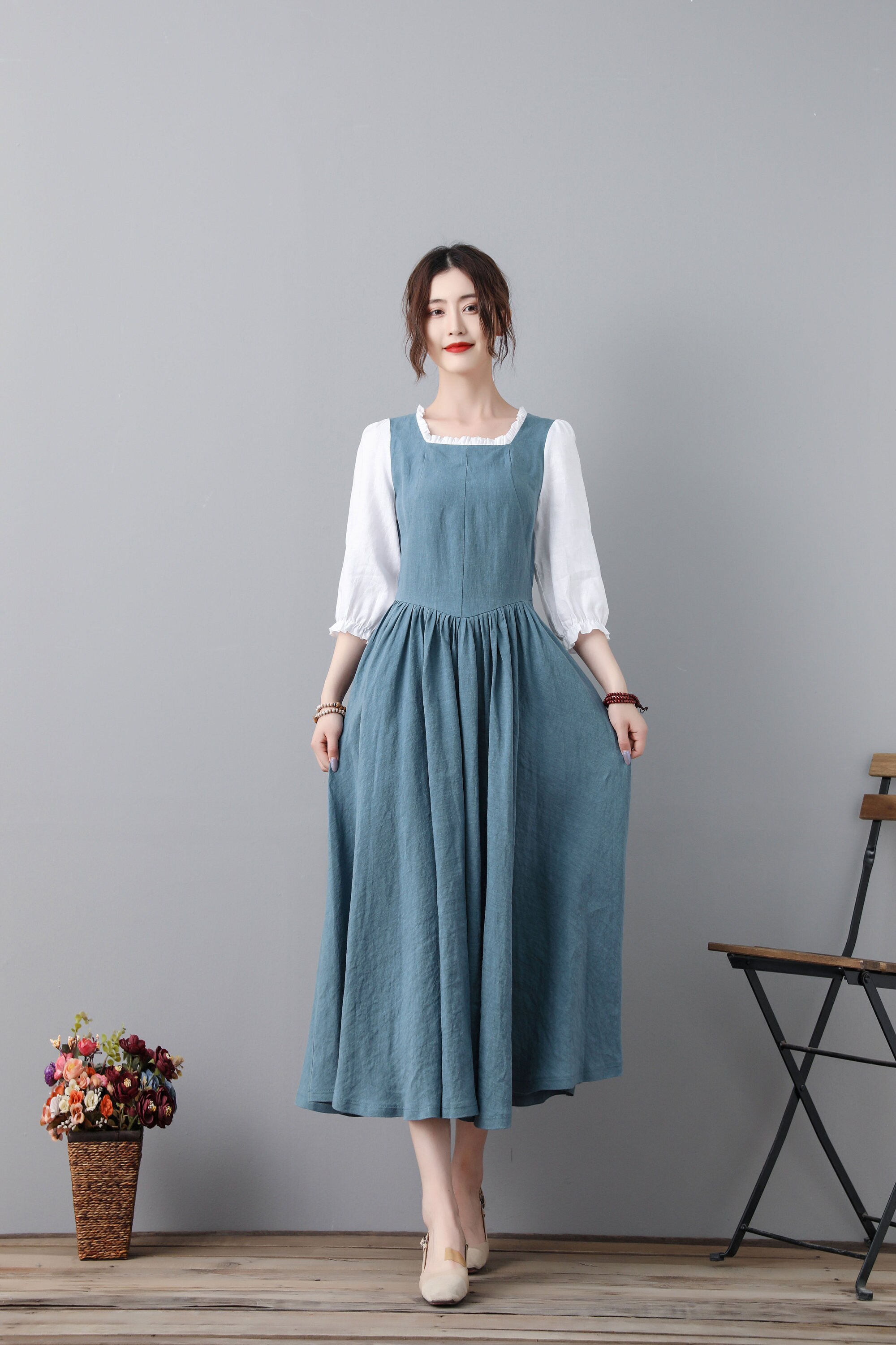 Pleated Swing Linen Midi Dress Cottagecore Dress Victorian | Etsy