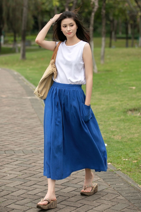 Dark Blue High Waist A Line Elastic Waist Linen Skirt 3339 Dark Blue High Waist A Line Elastic Waist Linen Skirt 3339