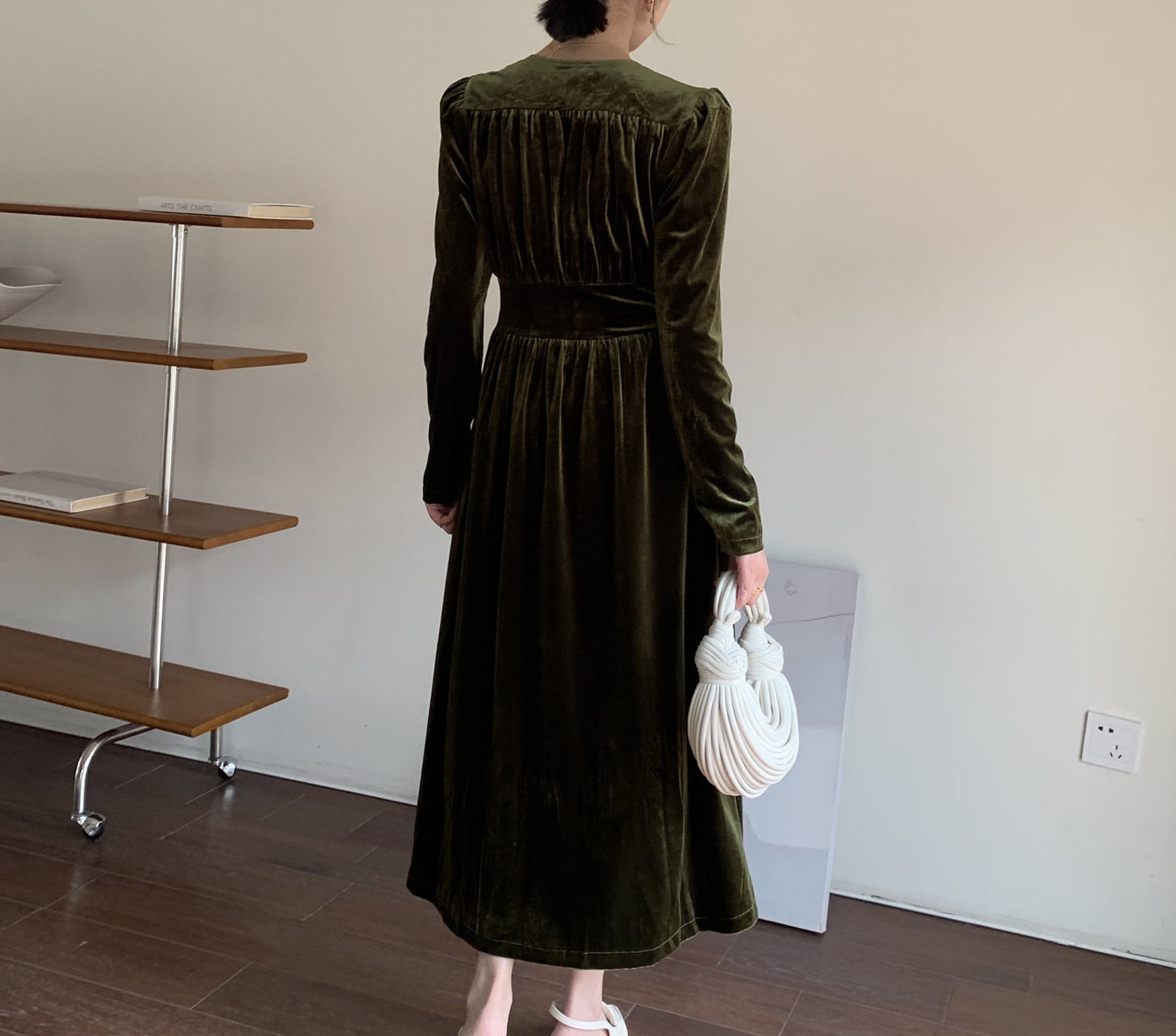 Long Sleeve Velvet Dress Green Velvet Midi Dress A Line - Etsy