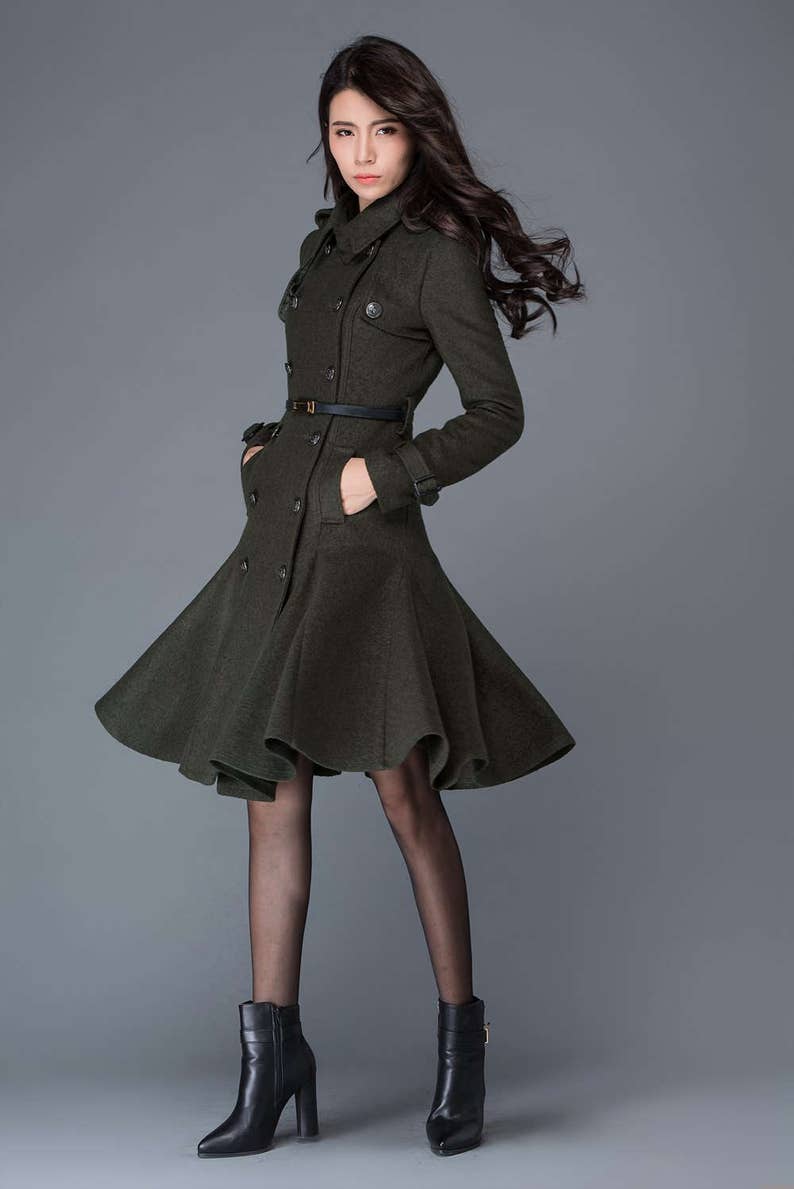 Wool coat women, Double breasted wool coat, winter coat women, Military Coat, Green wool coat with pockets, handmade wool coat C1028 image 3