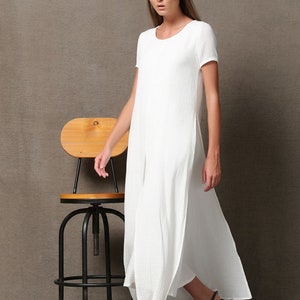 Short sleeve White maxi linen dress for women, summer cotton linen solid casual side slit ankle dress with pockets plus size C534 image 4