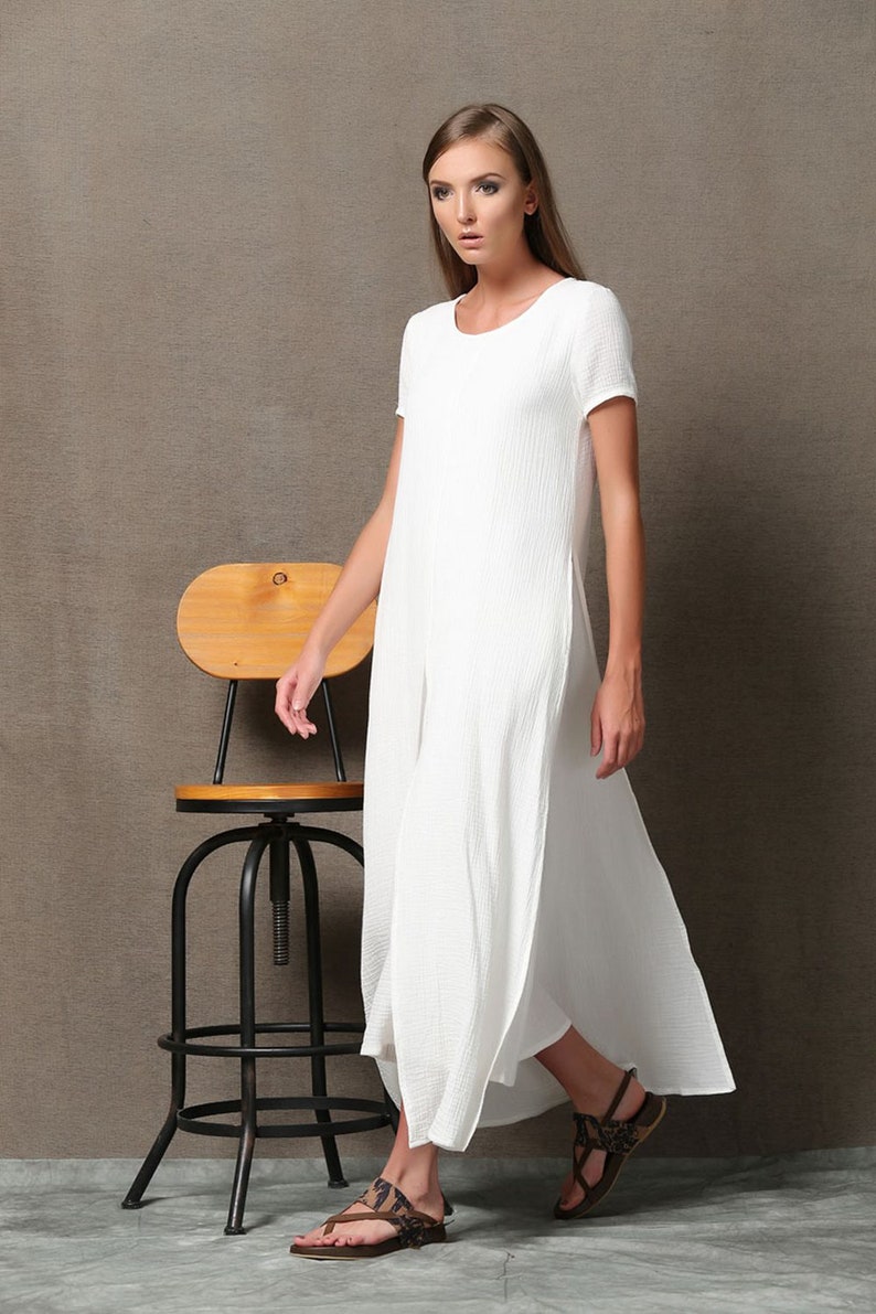 Short sleeve White maxi linen dress for women, summer cotton linen solid casual side slit ankle dress with pockets plus size C534 image 4