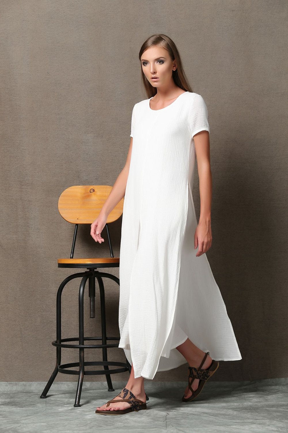 Short Sleeve White Maxi Linen Dress for 