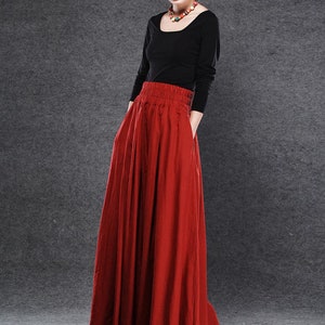 Red linen skirt, maxi skirt with pockets, high waisted skirt with wide waist band, full skirt, spring skirt, ladies skirt C054 image 2