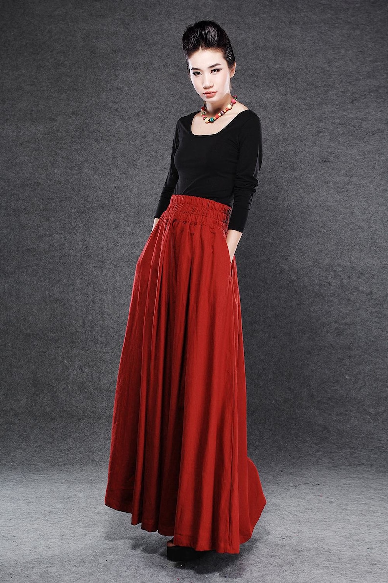 Red linen skirt, maxi skirt with pockets, high waisted skirt with wide waist band, full skirt, spring skirt, ladies skirt C054 image 2