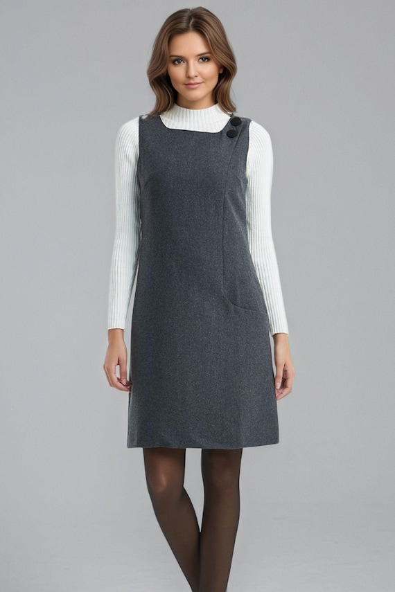 grey sleeveless work dress Wool Pinafore Dress: Gray Dress, Autumn Fall Fashion, Ylistyle C5142 Ladies sleeveless