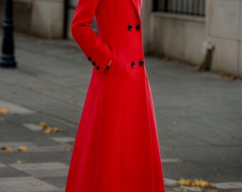 Red Wool Coat, Long Wool Coat, Double-breasted Wool Coat, Belted