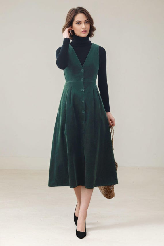 green corduroy midi dress Dark with Sleeveless A-Line Silhouette Green / XS bridesmaiddresses