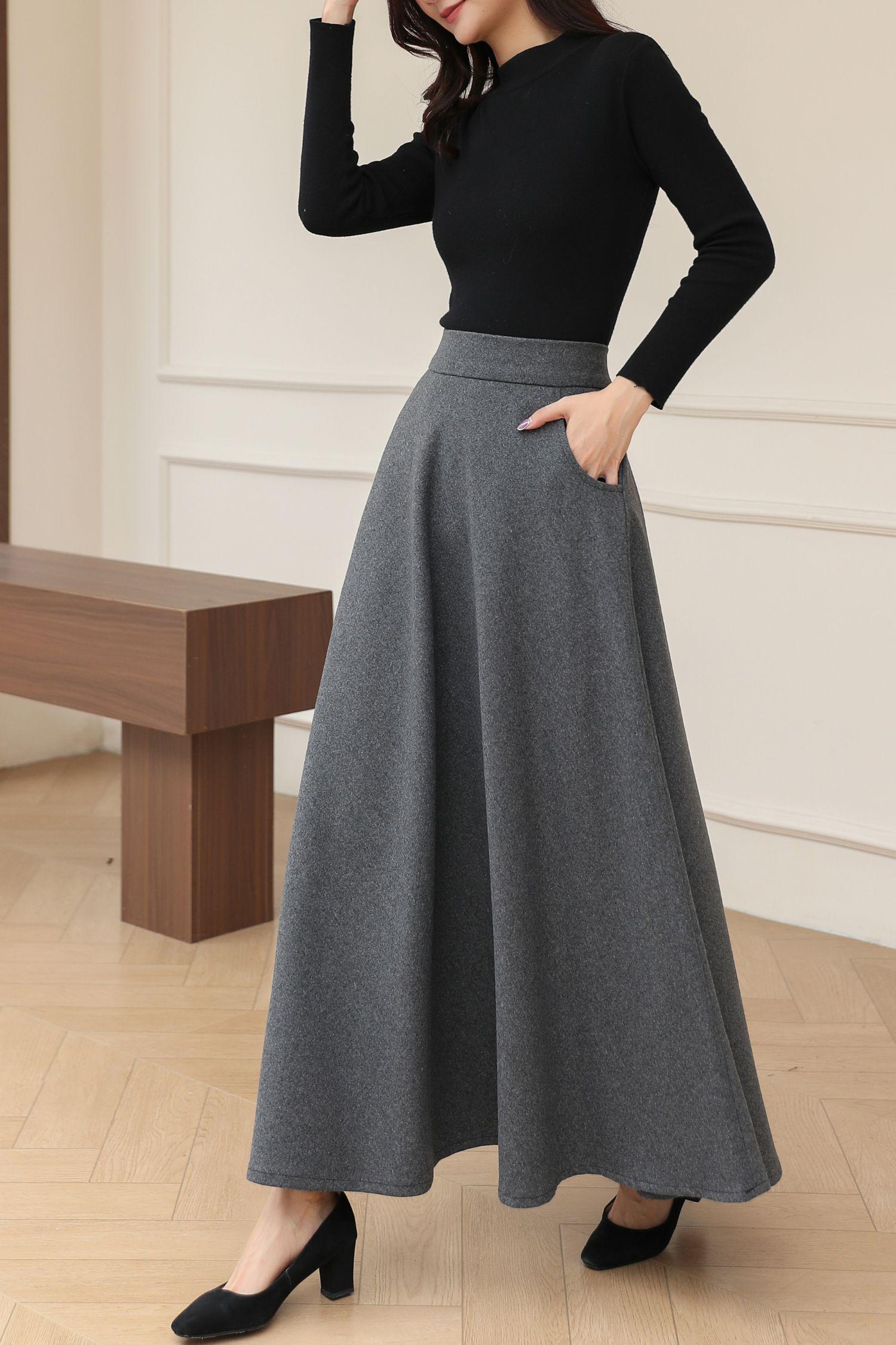 Gray Maxi Wool Skirt: High Waisted A-line Winter Skirt With