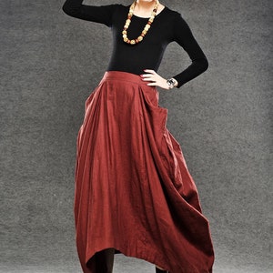 Linen skirt, Red Linen Maxi Skirt, Long Length with Asymmetrical Hemline, Ruched Detail and Deep Side Pocket Fall Autumn/Winter Fashion C050 image 3