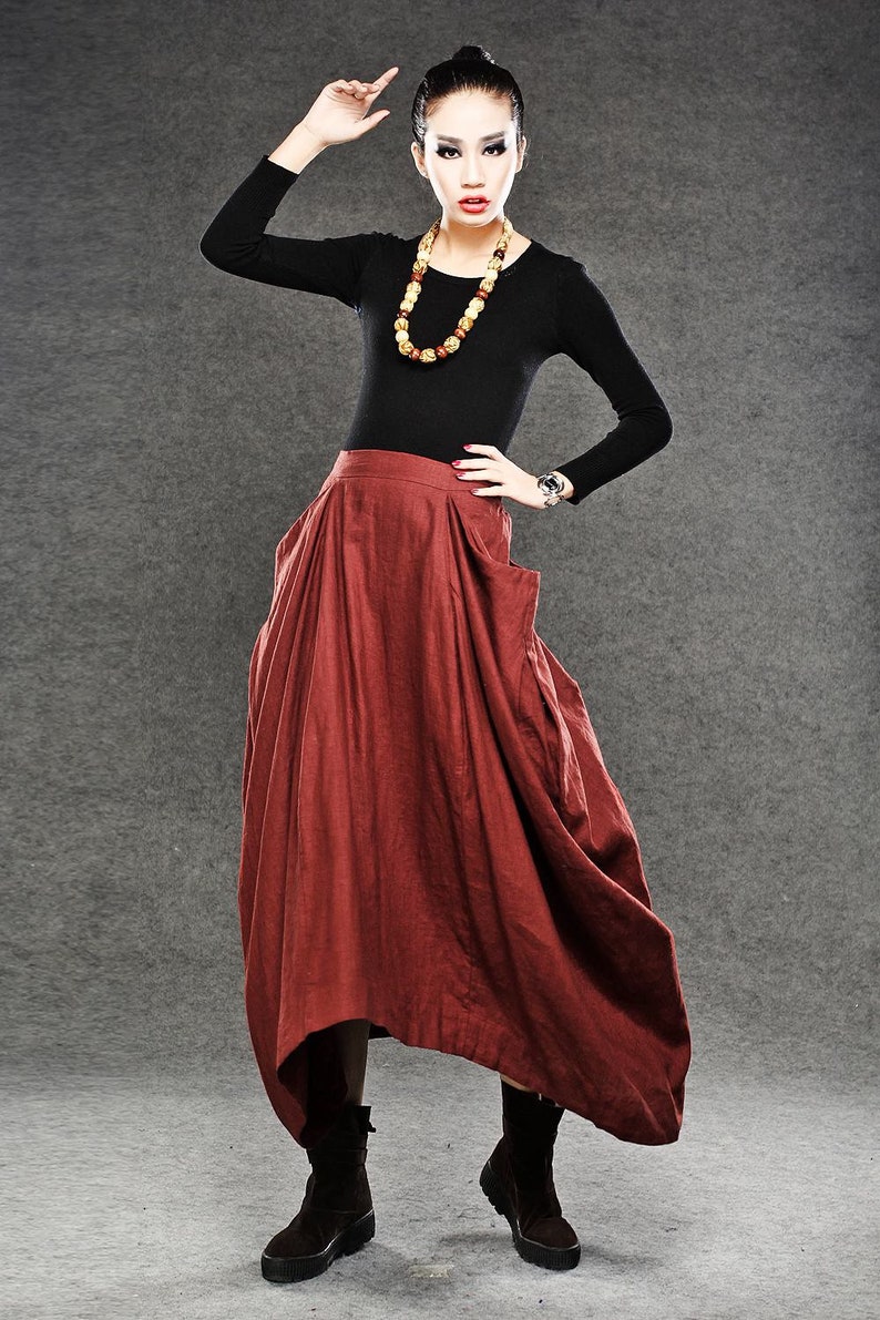 Linen skirt, Red Linen Maxi Skirt, Long Length with Asymmetrical Hemline, Ruched Detail and Deep Side Pocket Fall Autumn/Winter Fashion C050 image 3