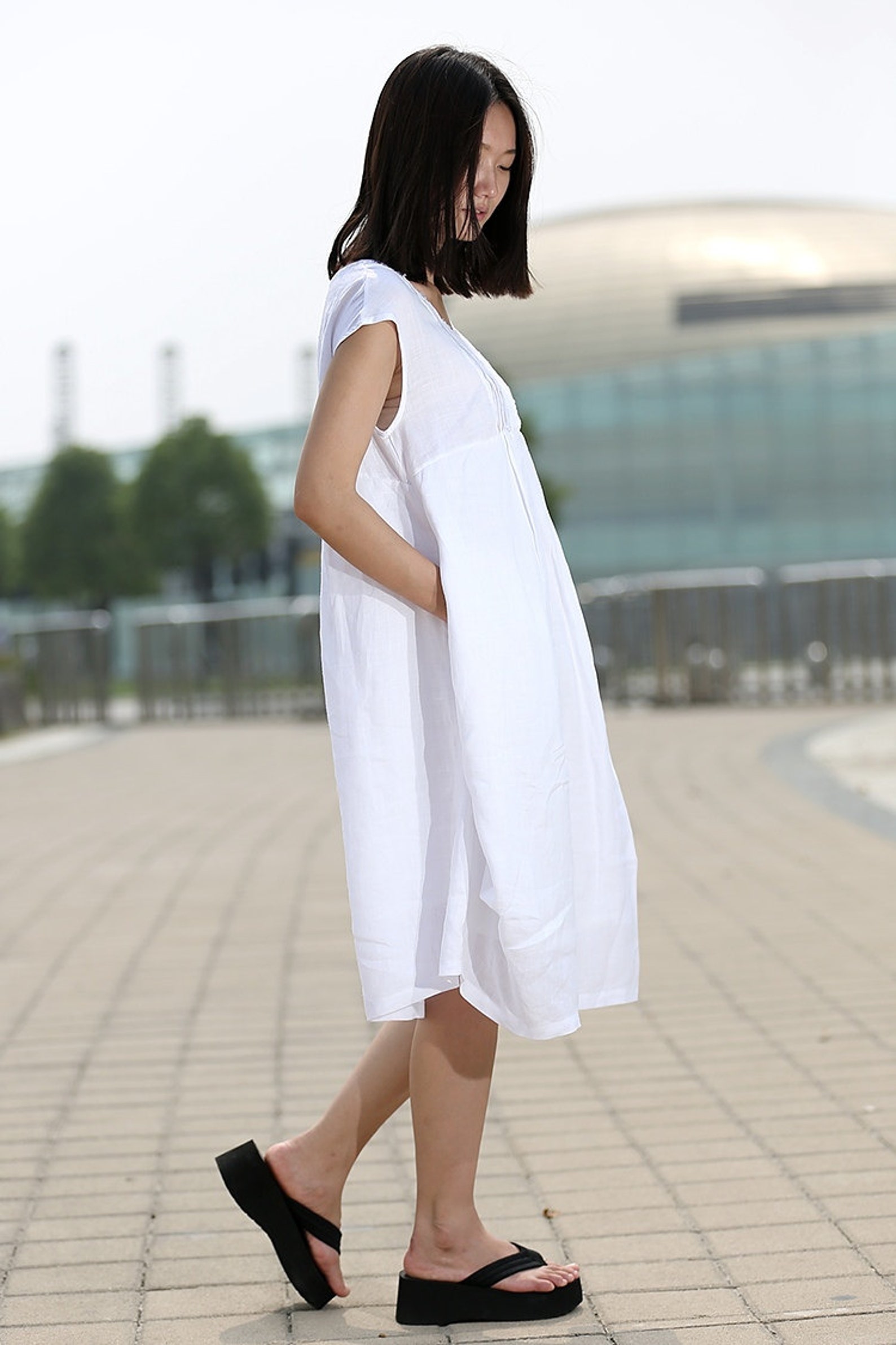 White Cotton Boho Dress Cool Loose-Fitting Midi Length | Etsy