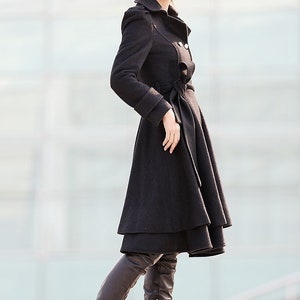 Black wool coat, Fit and flare coat, Knee length winter coat, double breasted coat, women coat, knee length woman jackets, warm coats C219 image 10