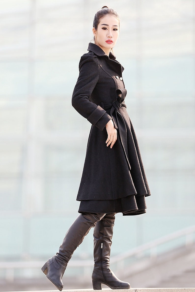 Black wool coat, Fit and flare coat, Knee length winter coat, double breasted coat, women coat, knee length woman jackets, warm coats C219 image 10