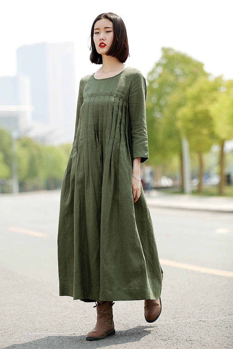 Green Linen Dress long linen dress Pleated dress loose Etsy
