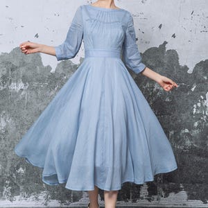 Blue Linen Midi Dress: Pleated Neckline Swing Dress, Ylistyle C5475 image 2