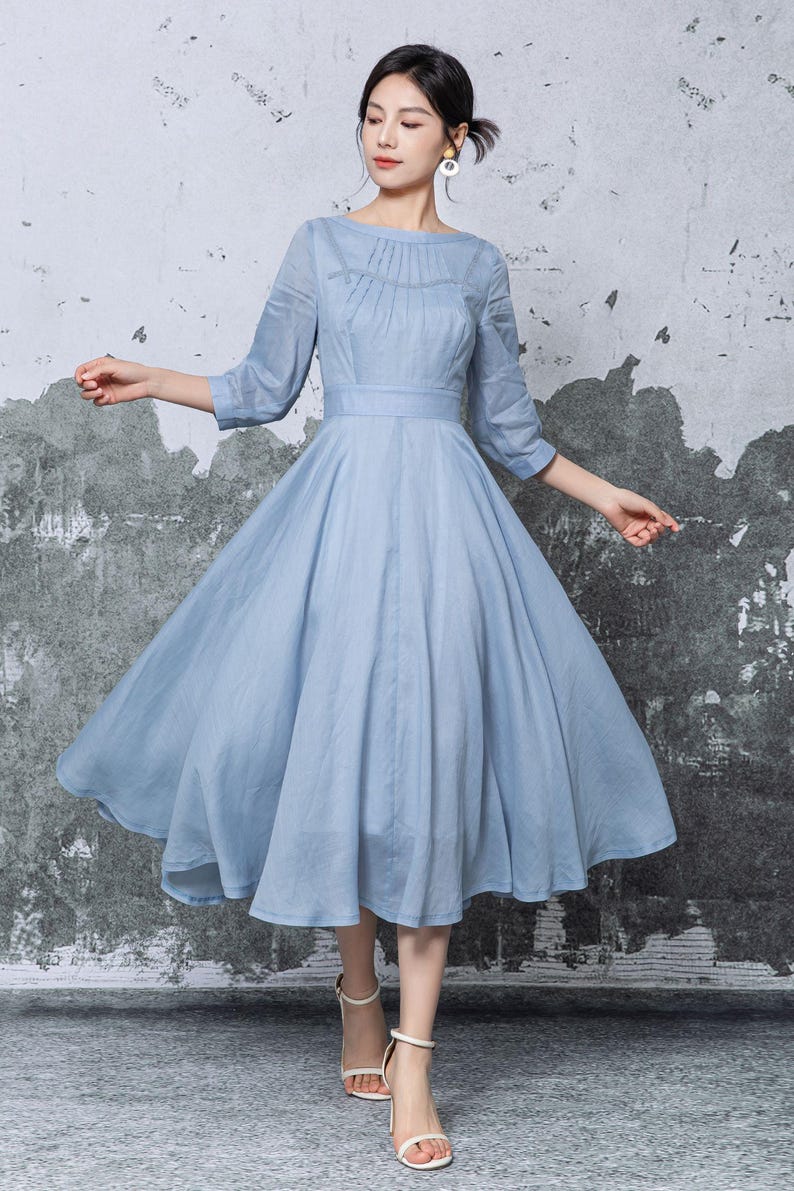 Blue Linen Midi Dress: Pleated Neckline Swing Dress, Ylistyle C5475 image 2