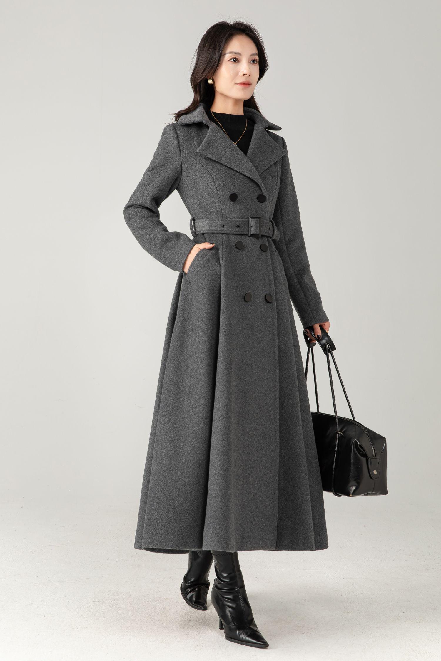 Gray Wool Maxi Coat: Long Double-breasted Belted Winter Trench