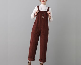 Corduroy Overalls Women, Vintage Inspired Jumpsuits, Red Baggy Overalls, Autumn Harem Corduroy Pants, Plus Size Causal Bib Overalls C2553