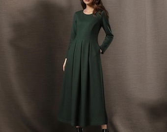 Long sleeve wool dress, Dark green wool dress, winter dress women, wool dress women, Warm winter dress, Long wool dress, Custom dress C4946
