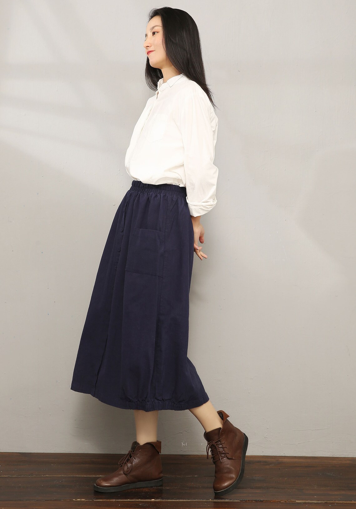 Linen skirt Navy blue skirt Elastic waist Linen skirt Etsy