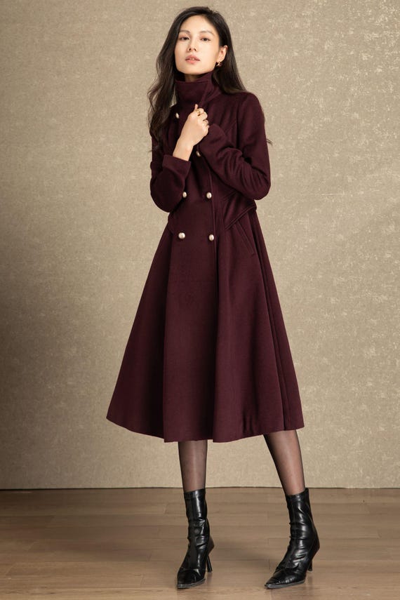 Burgundy wool coat, Long wool coat, Womens coat, A line coat, Wool Princess  Coat, Fit and Flare Coat, Winter Warm Coat, Handmade Coat C4490