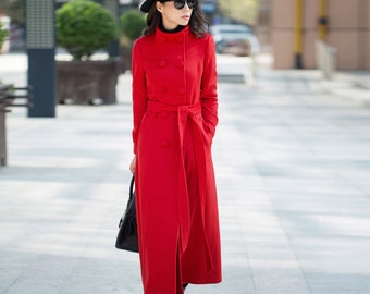 Red wool coat, Long wool coat, belted wool coat, wool coat women,  Double-breasted wool coat, Modern wool coat, winter coat women C1767