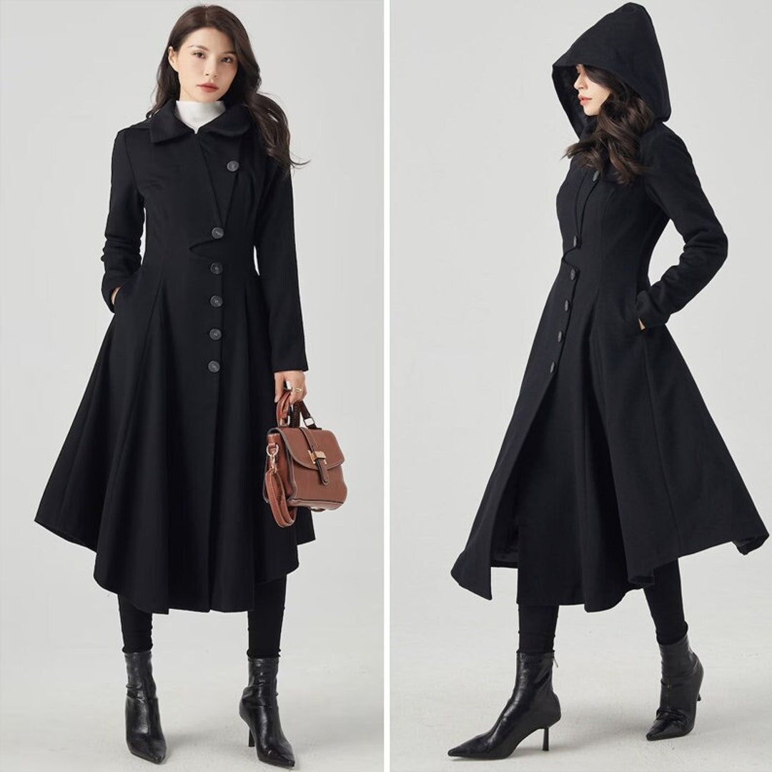 Black Wool Coat, Long Wool Coat, Hooded Wool Coat, Trench Coat ...