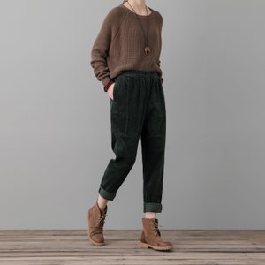 Green Corduroy Pants Women, High Waisted Pants, Loose Fit Corduroy Slacks, Elastic Waist Pants with Pocket, Plus Size Pants Ylistyle C2555 image 3