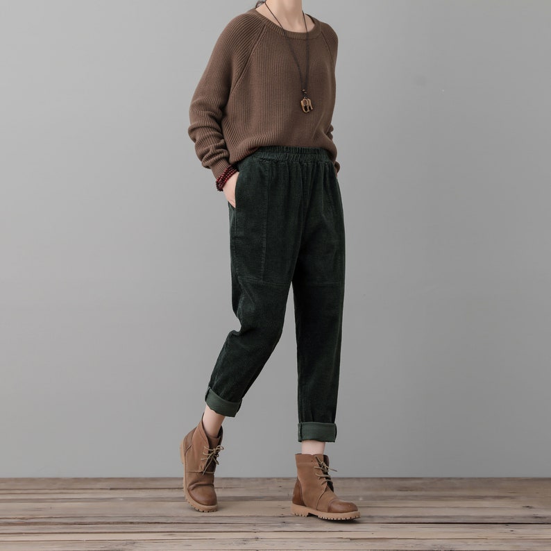 Green Corduroy Pants Women, High Waisted Pants, Loose Fit Corduroy Slacks, Elastic Waist Pants with Pocket, Plus Size Pants Ylistyle C2555 image 3