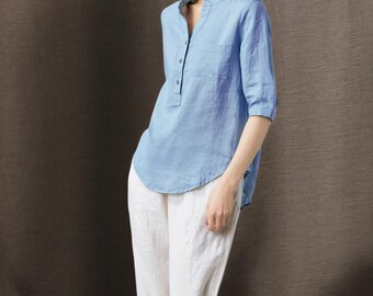 Loose linen top, Blue linen top for women, Summer linen top, casual linen top, pure linen top, buttons linen top, handmade top C1684