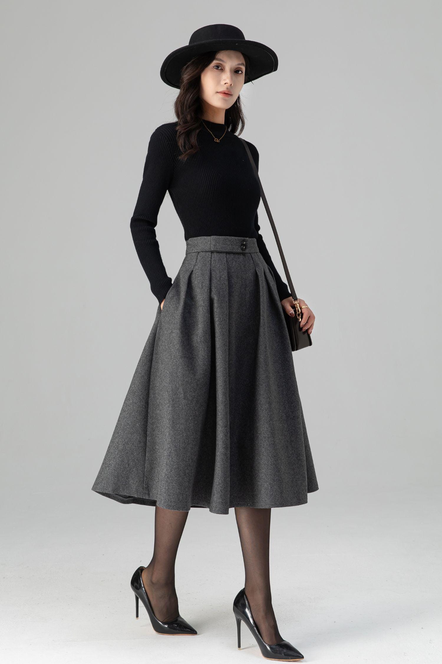 Gray Wool A-line Midi Skirt | High Waist Winter Skirt With Pockets