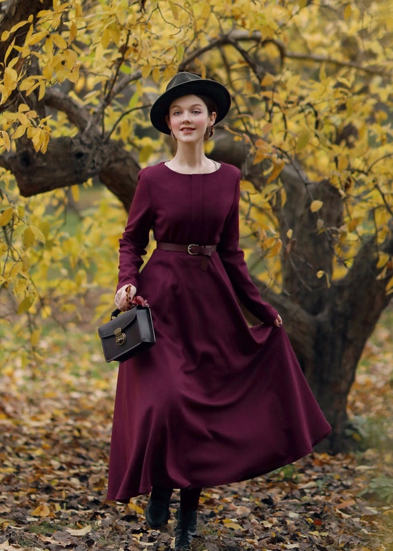 Long sleeves prom burgundy wool dress 5358 Long sleeves prom burgundy wool dress 5358