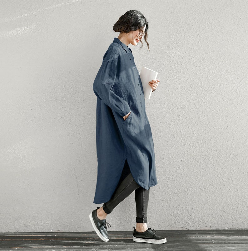 Linen Shirt Dress Oversized Blue Linen Dress Long Linen Etsy