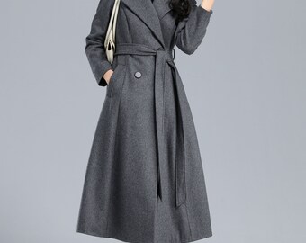Winter Warm Gray Long Wool Coat, Wool Coat Women, Belted
