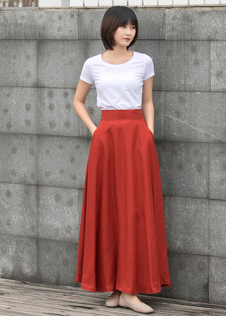 maxi linen skirt, Long Linen skirt, Linen skirt with pockets, casual Linen skirt, A Line skirt, Orange Linen skirt, Womens skirt C2790 image 5