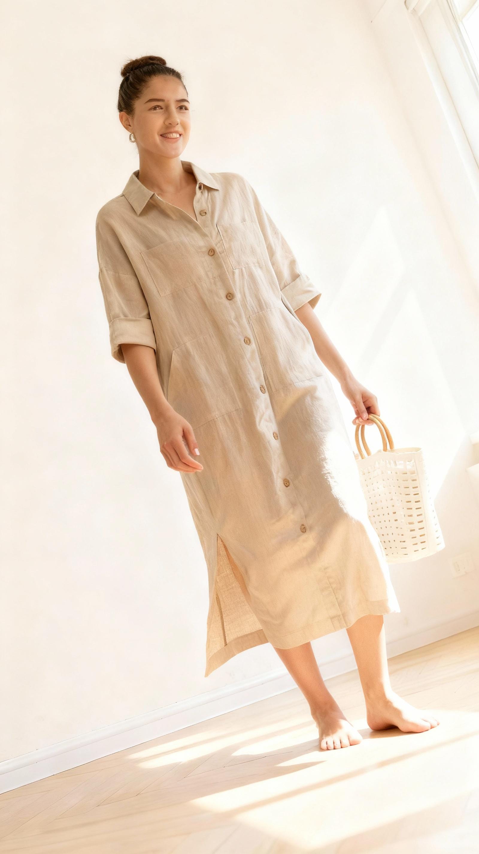 Oversized Linen Shirt Dress: Casual Maxi with Pockets, Ylistyle C2942
