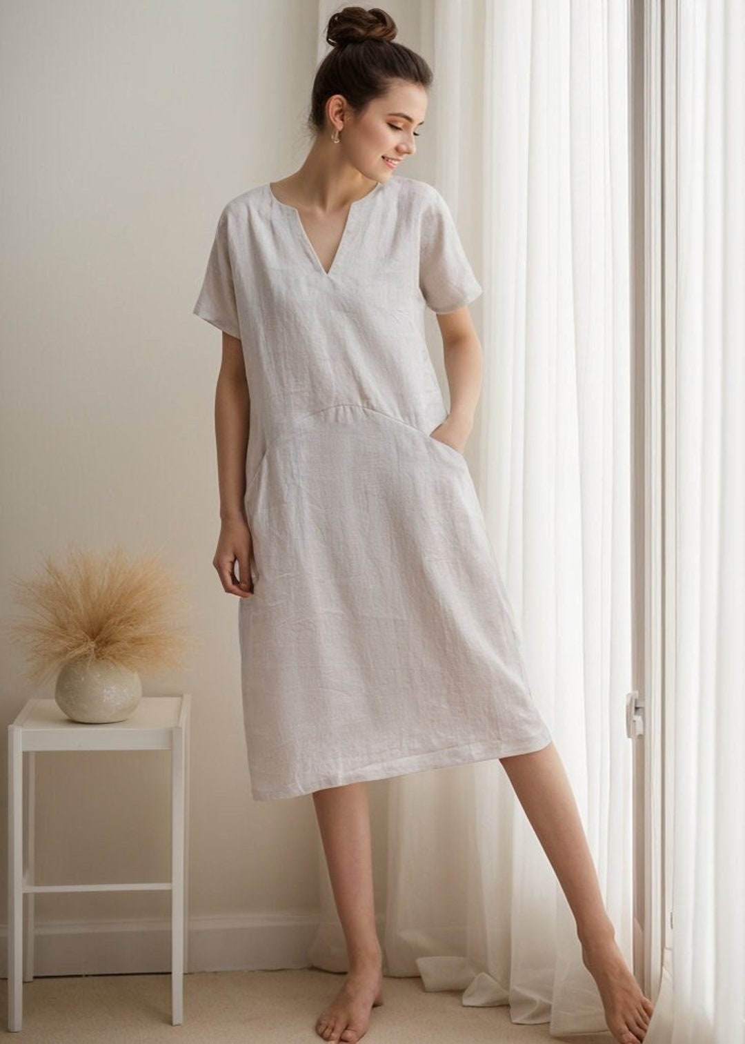 Linen Tunic Dress, Linen Shift Dress, Simple Midi Dress With