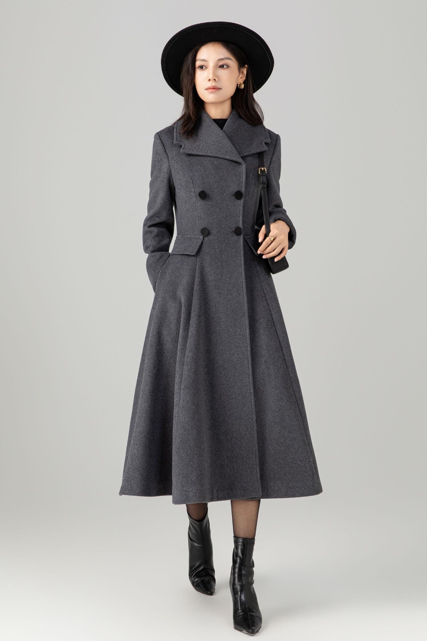 Gray Wool Swing Coat, Fit and Flare Trench Coat, Ylistyle C5270