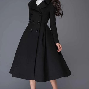 Wool coat, Green Long Wool Coat Women, Princess Coat, Swing Coat, Winter Trench Coat, Fit and Flare Coat, Double Breasted wool Coat C2469 4-black