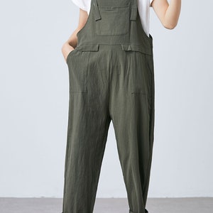 Summer green linen jumpsuit women, Casual Linen dungarees, Linen overalls, cropped leg plus size romper harem jumpsuit with pockets C1697 image 4