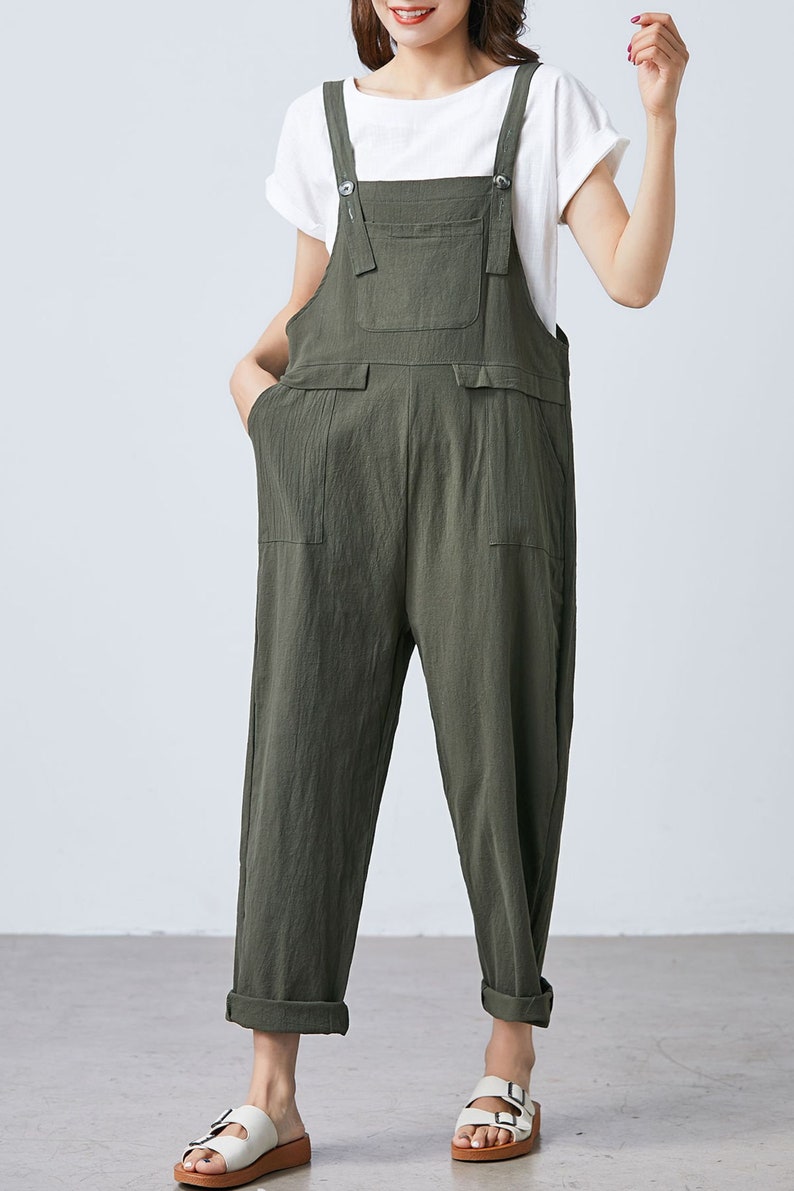 Summer green linen jumpsuit women, Casual Linen dungarees, Linen overalls, cropped leg plus size romper harem jumpsuit with pockets C1697 image 4