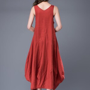 Red Linen Dress, Summer dress, Free-Style Casual Loose-Fitting Tulip-Shaped Everyday Modern Contemporary Unique Designer Dress C888 image 7