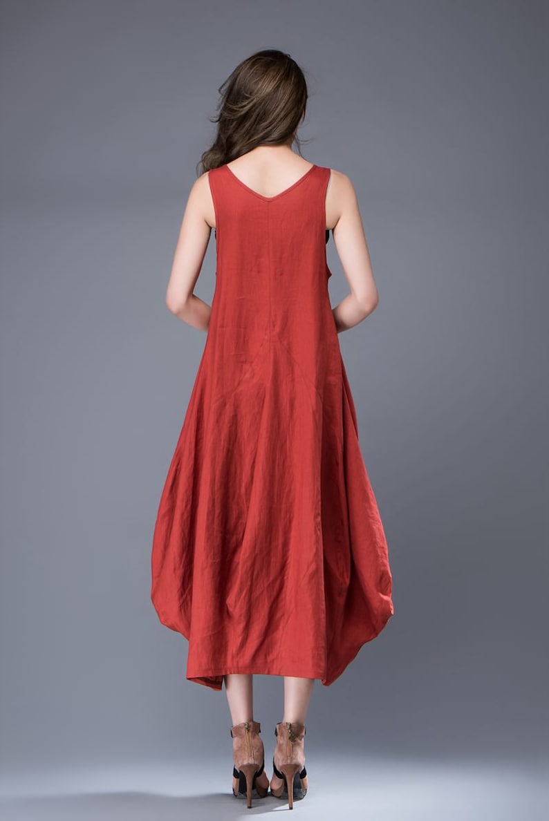 Red Linen Dress, Summer dress, Free-Style Casual Loose-Fitting Tulip-Shaped Everyday Modern Contemporary Unique Designer Dress C888 image 7