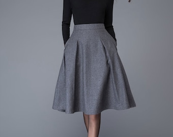 Grijze wollen rok, herfst winter Midi wollen rok, winterrok dames, grijze wollen rok met zakken, A-lijn wollen rok, wollen kleding C1003