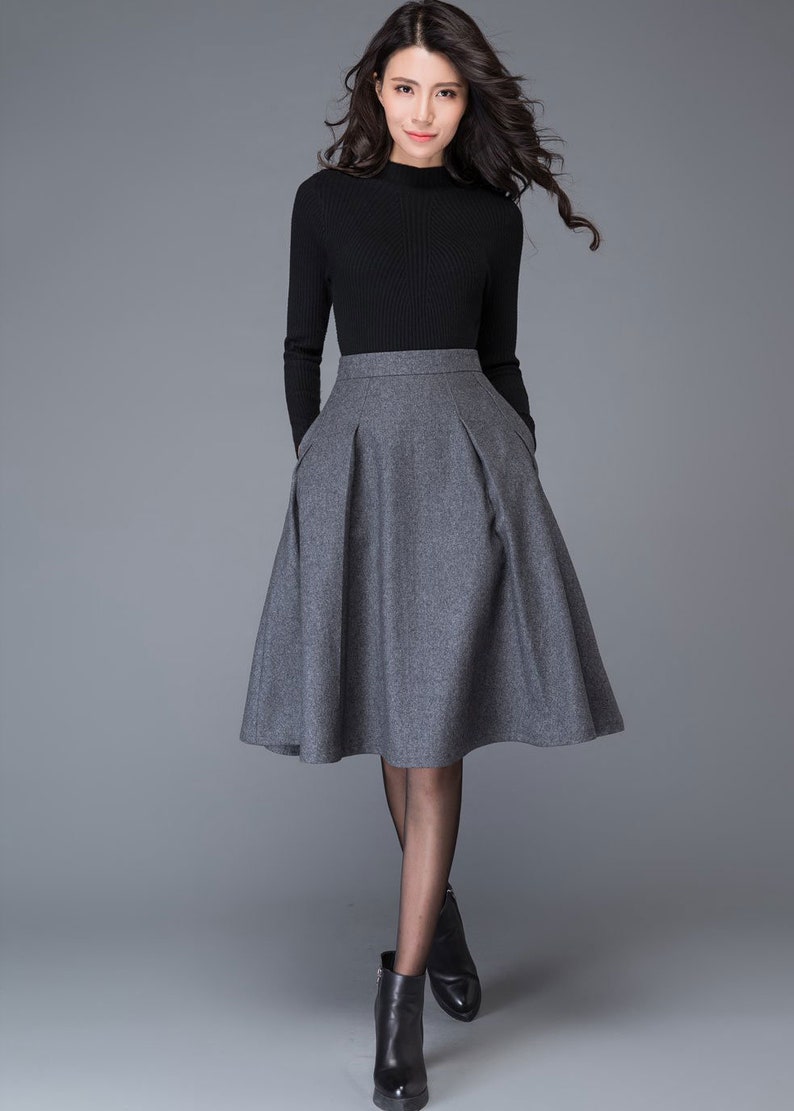 Gray wool skirt, Autumn winter Midi wool skirt, winter skirt women, Gray Wool Skirt with pockets, A Line wool skirt, wool clothing C1003 image 1