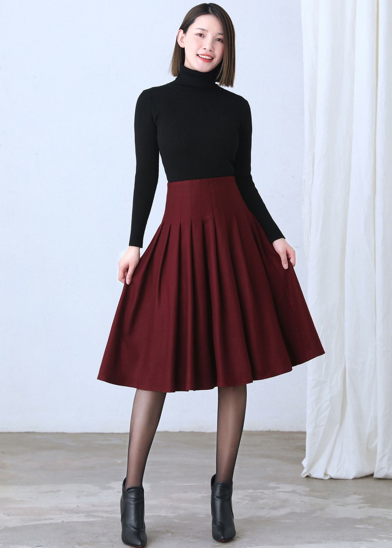 Wool skirt, Wool Midi skirt in green, pleated wool skirt, High waist wool skirt, winter skirt women, womens skirts, Short wool skirt C1031 C4- Red