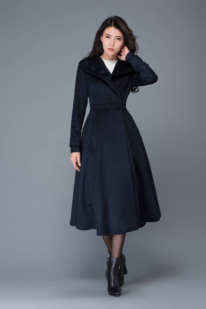 Midi wool coat, wool coat, womens winter coats, dress coat, navy blue coat, flare coat, warm coat, swing coat, made to order C1021 image 6